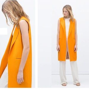 Zara Orange Vest Linen Blend Long Waistcoat Open Blazer Jacket Coat Size Medium